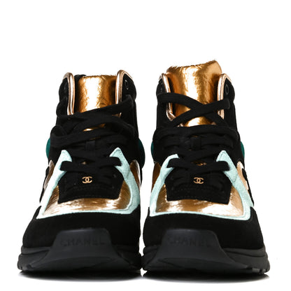 Chanel Suede Calfskin Fabric CC High Top Sneakers 36 Black Turquoise Gold 2 of 5