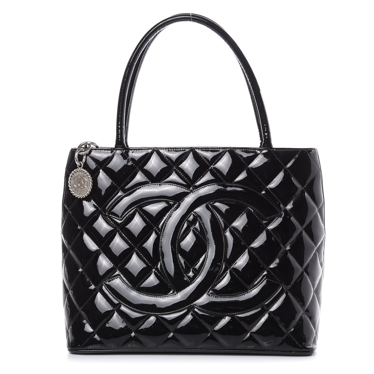 Patent Quilted Medallion Tote Black