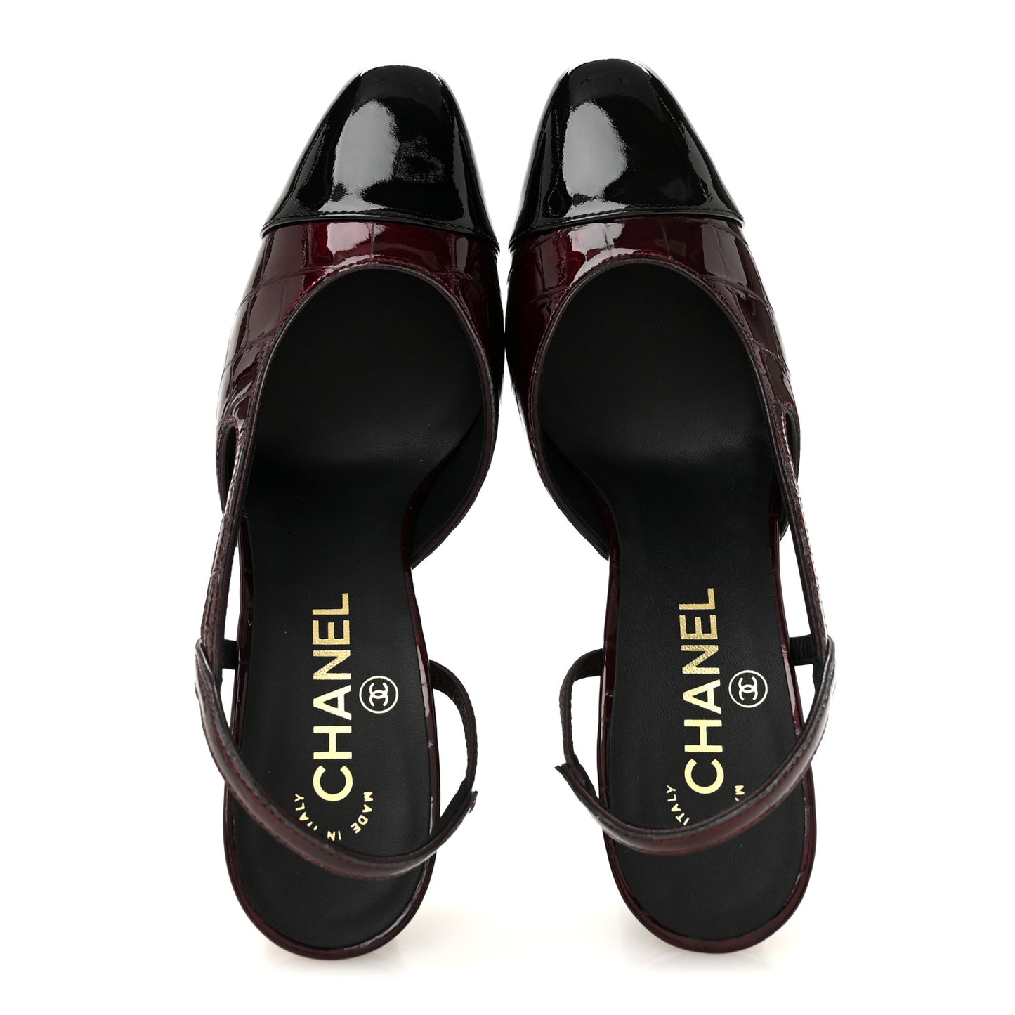 Patent Calfskin Crocodile Embossed Cap Toe CC Slingback Pumps 36.5 Dark Burgundy Black