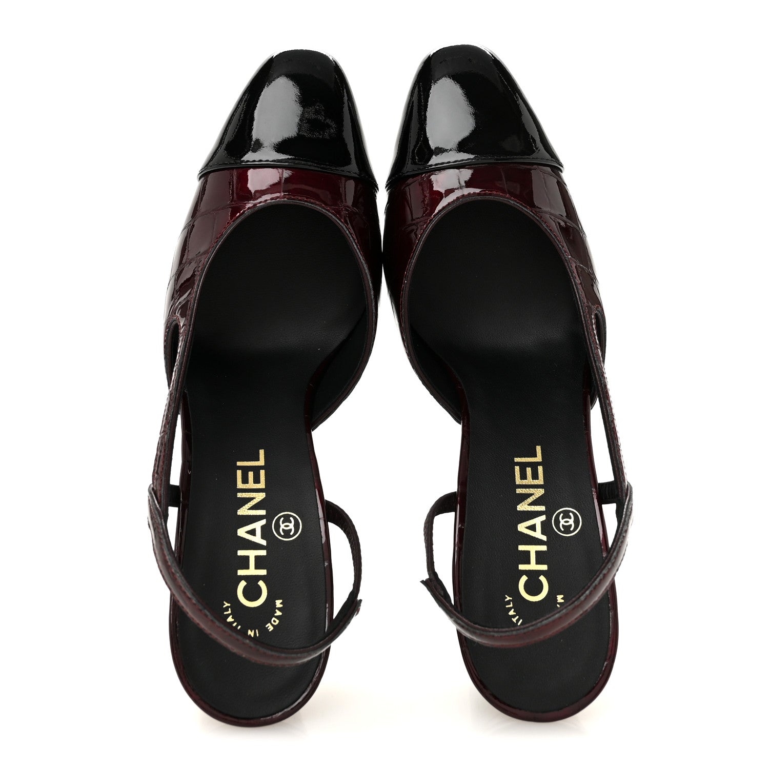 Chanel Patent Calfskin Crocodile Embossed Cap Toe CC Slingback Pumps 36.5 Dark Burgundy Black 2 of 10
