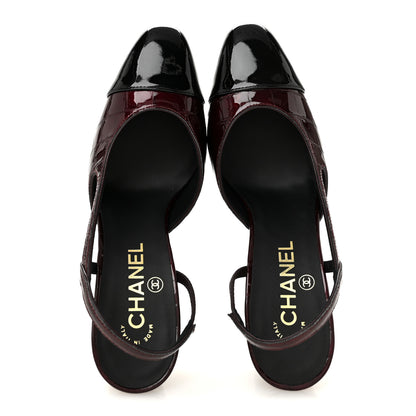Chanel Patent Calfskin Crocodile Embossed Cap Toe CC Slingback Pumps 36.5 Dark Burgundy Black 2 of 10