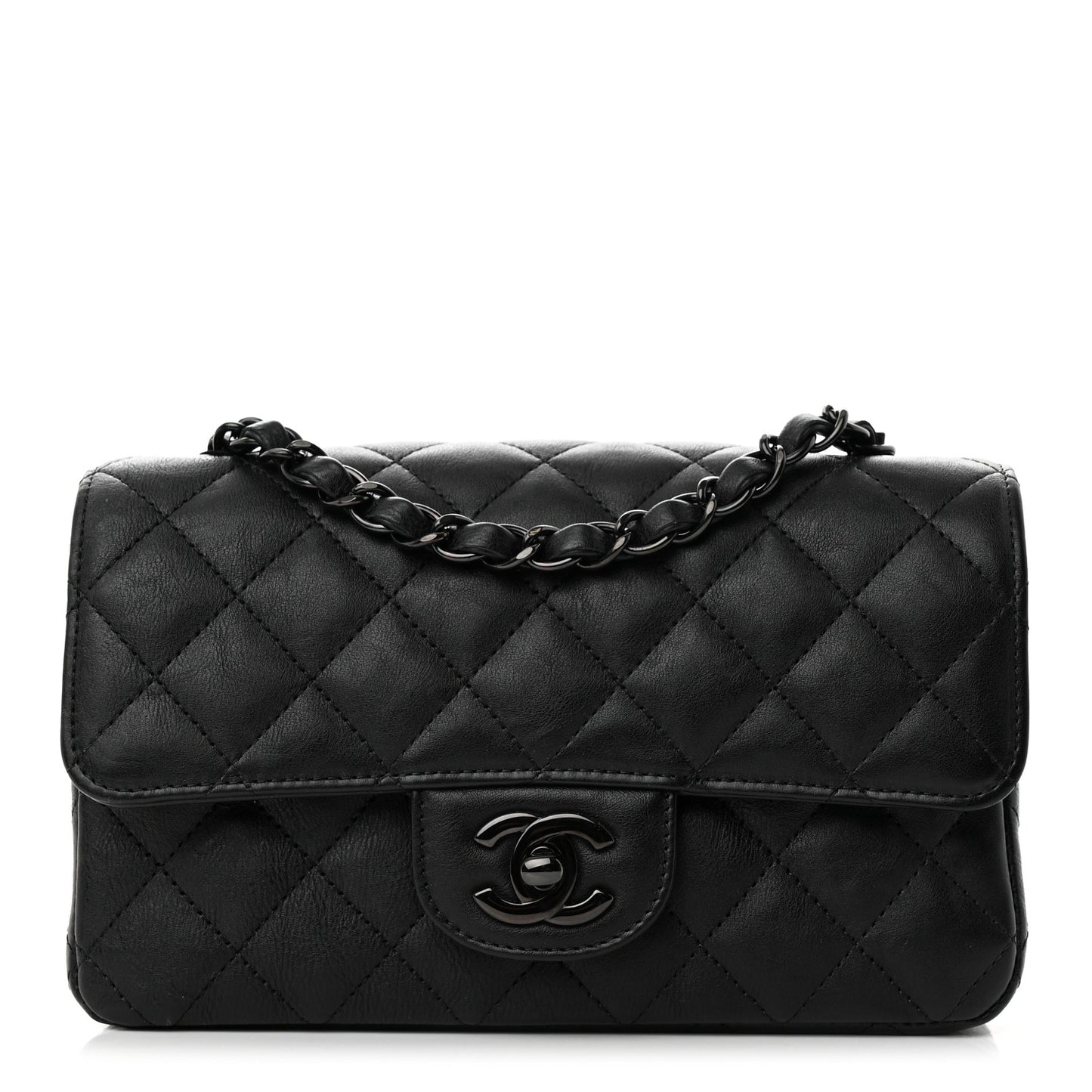 Crumpled Calfskin Quilted Mini Rectangular Flap So Black