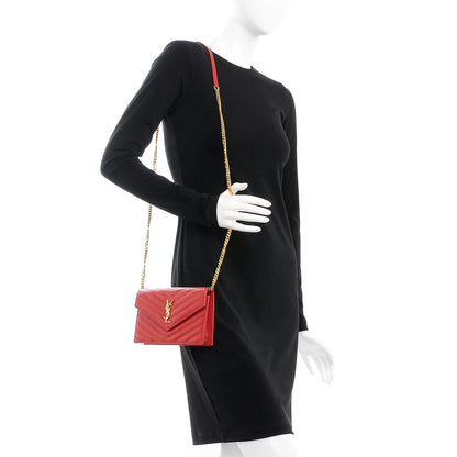 Saint Laurent Grain De Poudre Matelasse Chevron Monogram Envelope Chain Wallet New Red 2 of 8