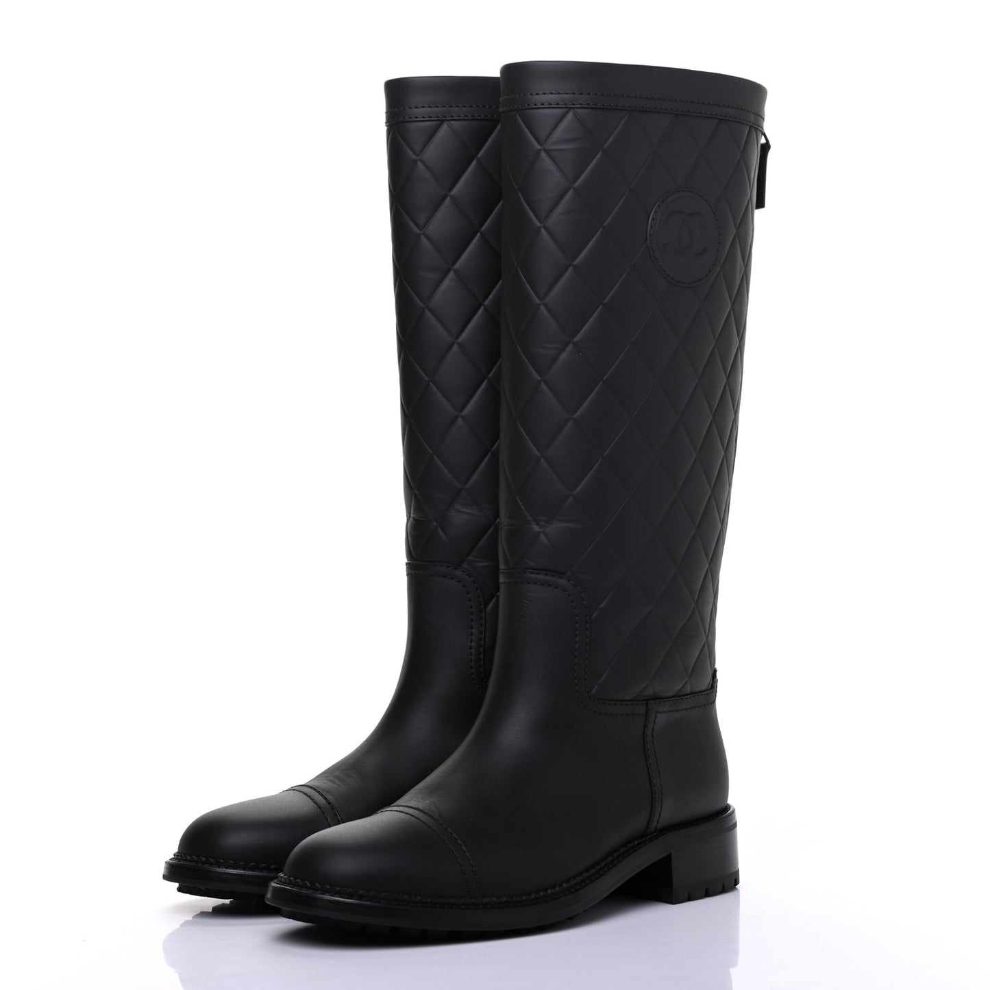 Oily Calfskin Quilted High Boots 38 Black