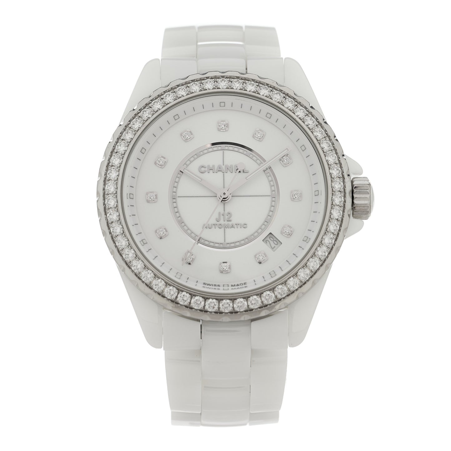 Stainless Steel Ceramic Diamond Pave Bezel 38mm J12 Automatic Watch White