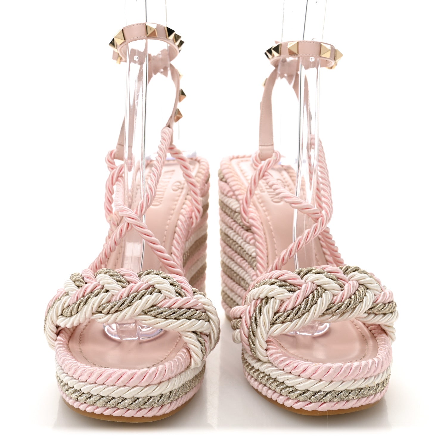 Valentino Garavani Calfskin Rockstud Rope Espadrille Wedge Sandals 37 Pink 2 of 8