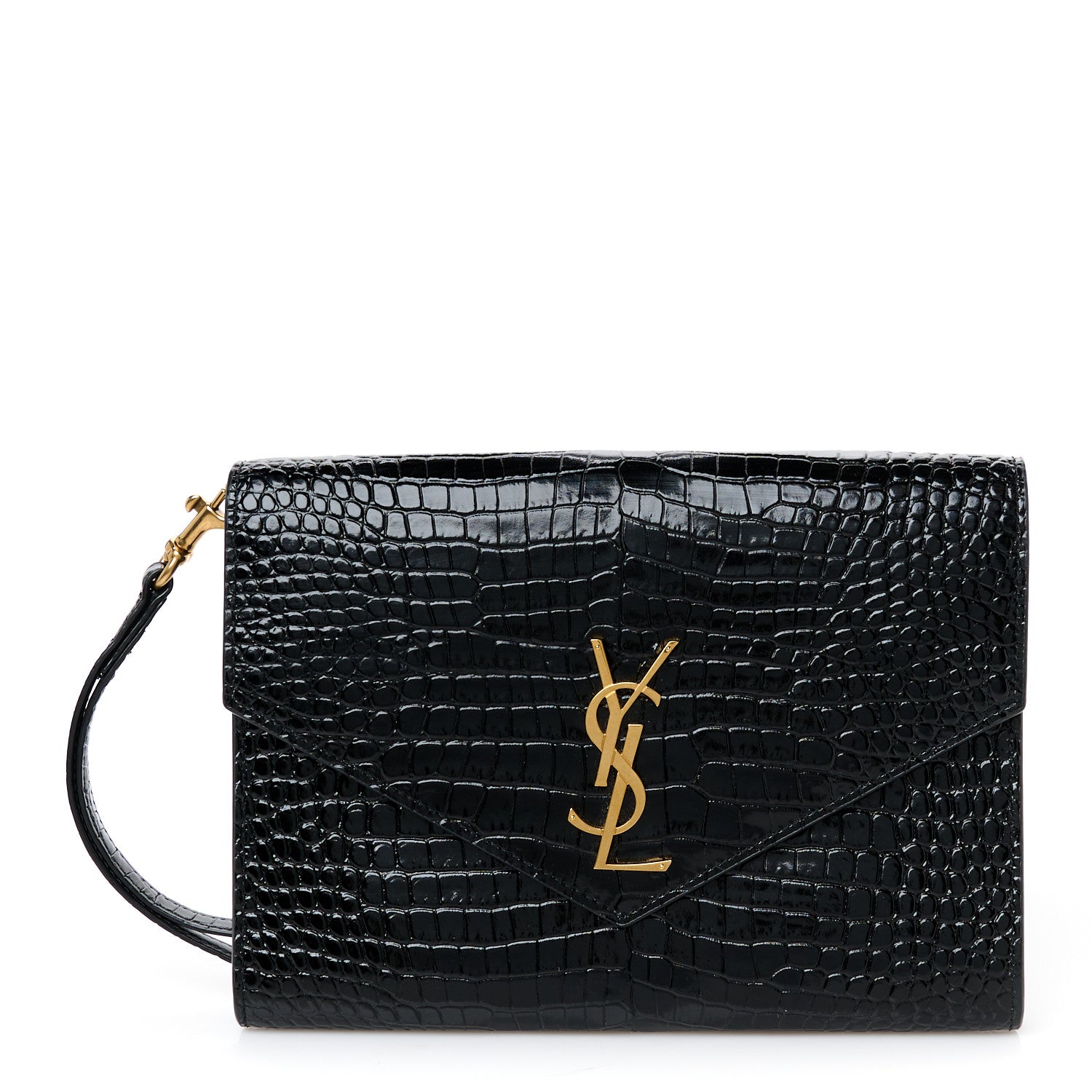 Saint Laurent Calfskin Crocodile Embossed Monogram Cassandre Flap Pouch Black 1 of 8