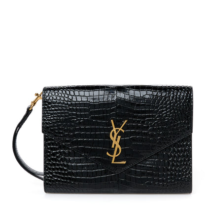 Saint Laurent Calfskin Crocodile Embossed Monogram Cassandre Flap Pouch Black 1 of 8