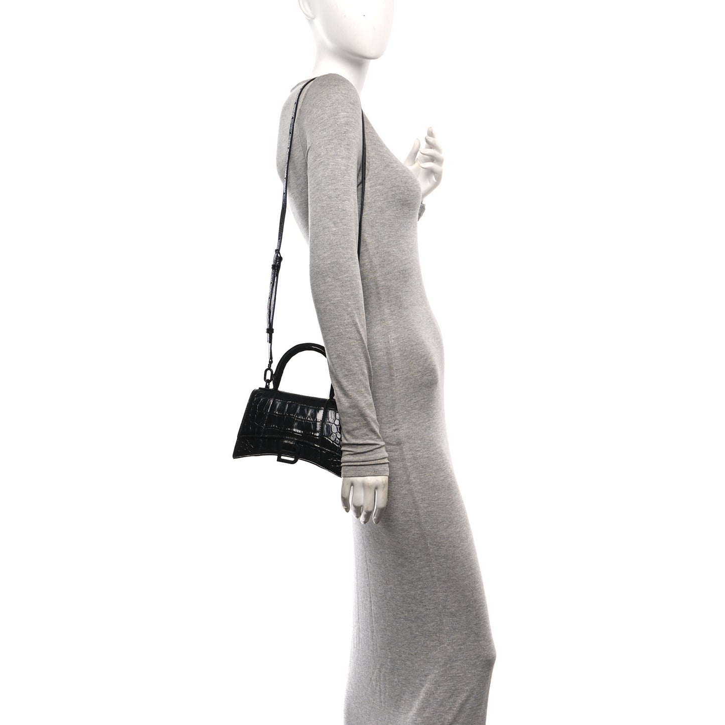 Shiny Calfskin Monochrome Crocodile Embossed Hourglass Top Handle Bag XS Black