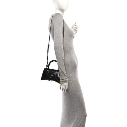 Balenciaga Shiny Calfskin Monochrome Crocodile Embossed Hourglass Top Handle Bag XS Black 2 of 11