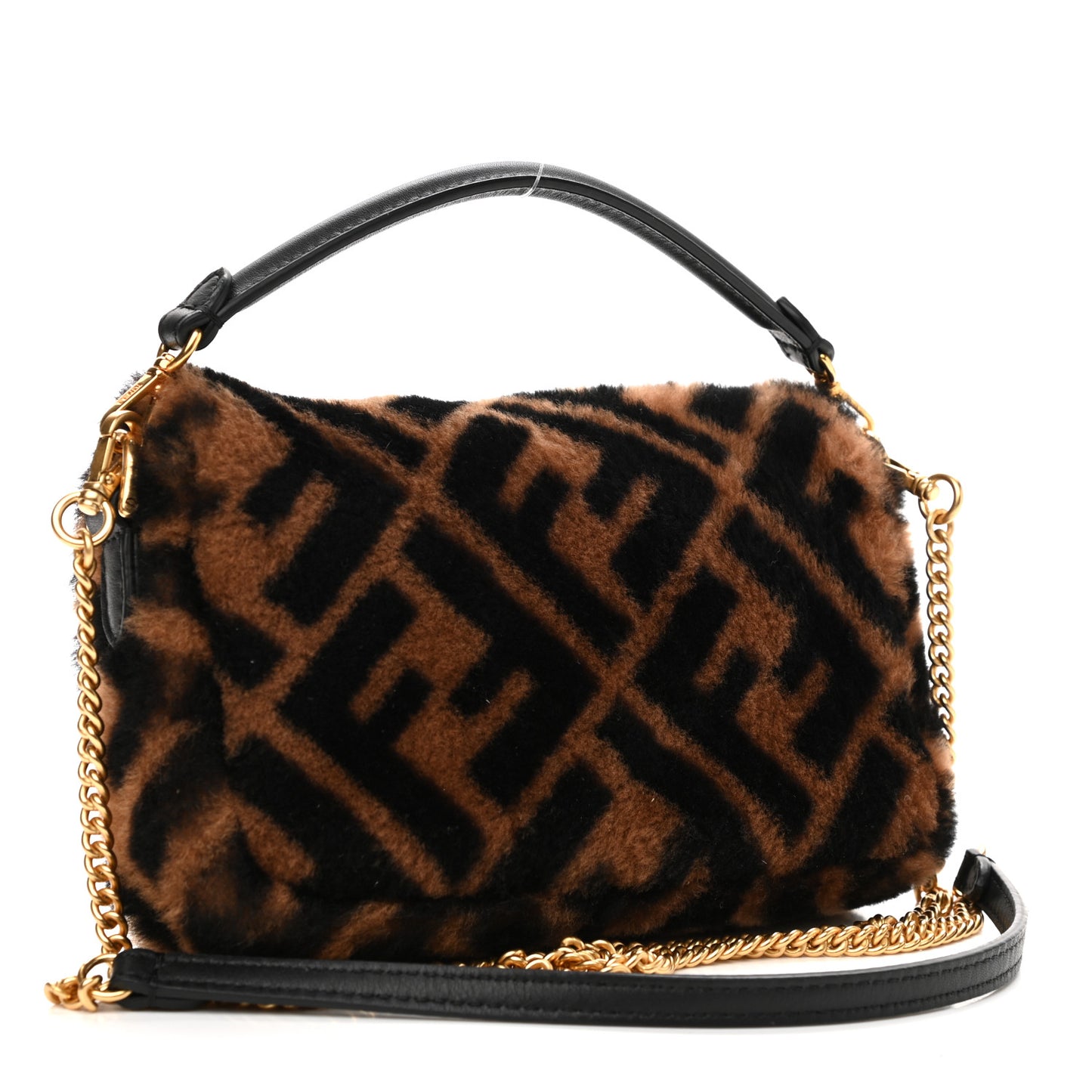 Shearling Vitello Dolce Macro FF 1974 Mini Baguette Tobacco Black