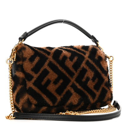 Fendi Shearling Vitello Dolce Macro FF 1974 Mini Baguette Tobacco Black 3 of 10