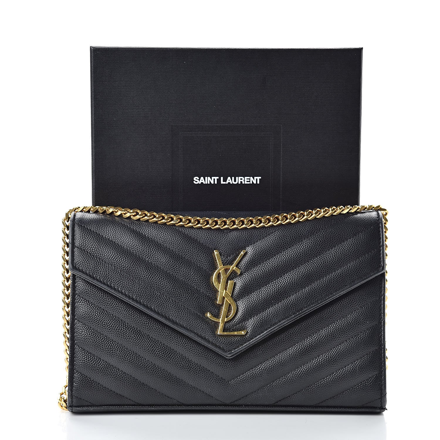 Saint Laurent Grain De Poudre Matelasse Chevron Monogram Chain Wallet Black 12 of 12
