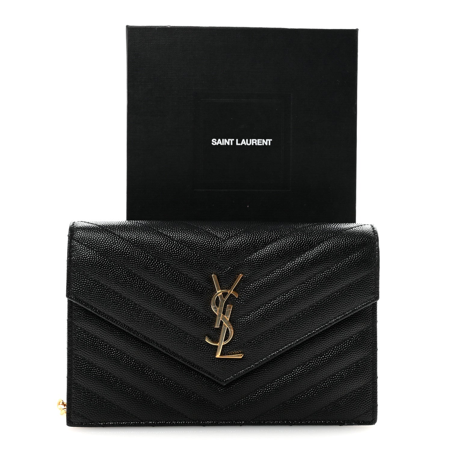 Saint Laurent Grain De Poudre Matelasse Chevron Monogram Envelope Chain Wallet Black 10 of 10
