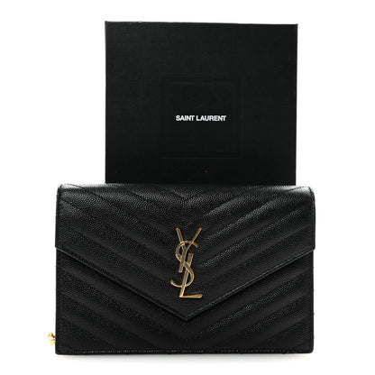 Saint Laurent Grain De Poudre Matelasse Chevron Monogram Envelope Chain Wallet Black 10 of 10
