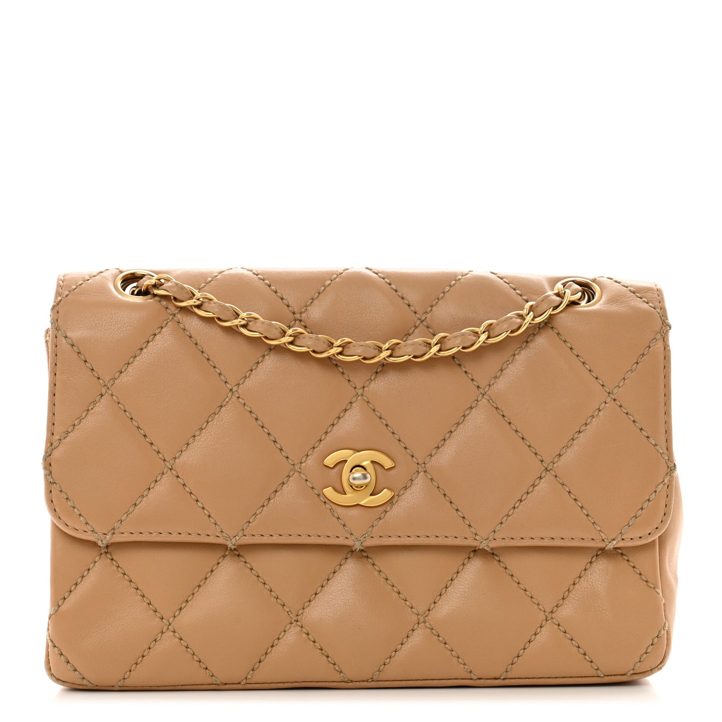 Calfskin Quilted Medium Wild Stitch Flap Beige