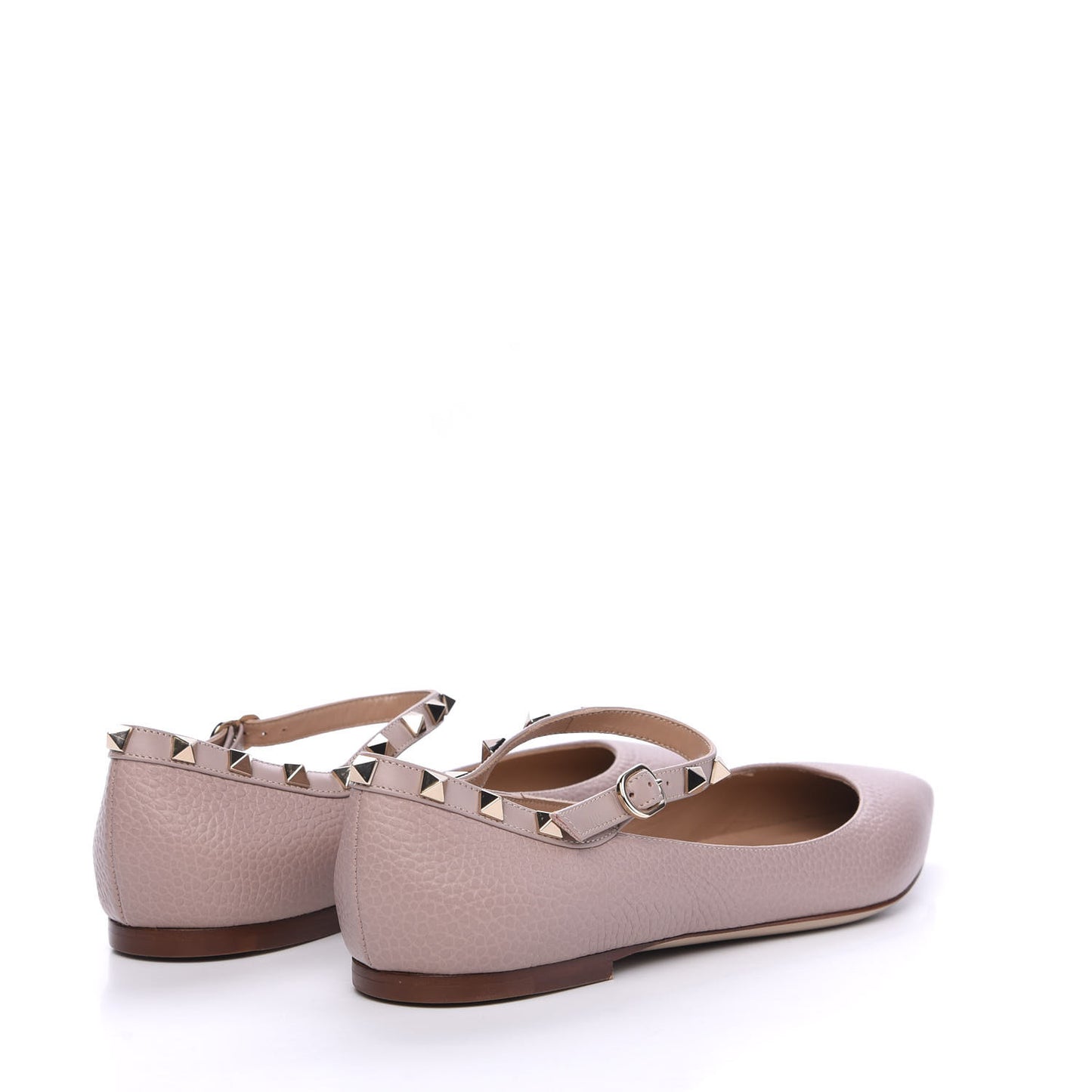 Pebbled Calfskin Rockstud Ankle Strap Ballerina Flats 40 Poudre