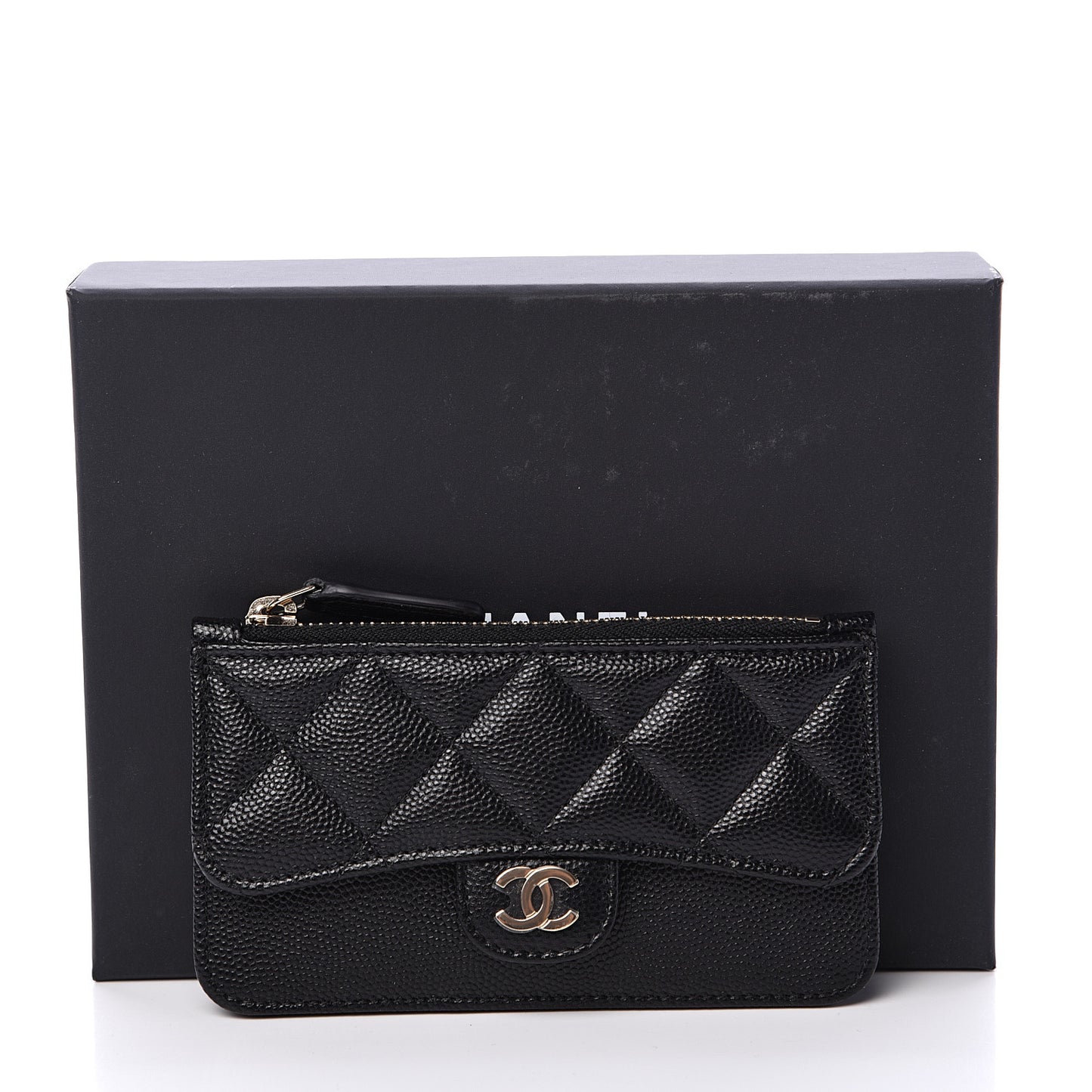 Caviar Quilted Flap Zip Card Holder Black