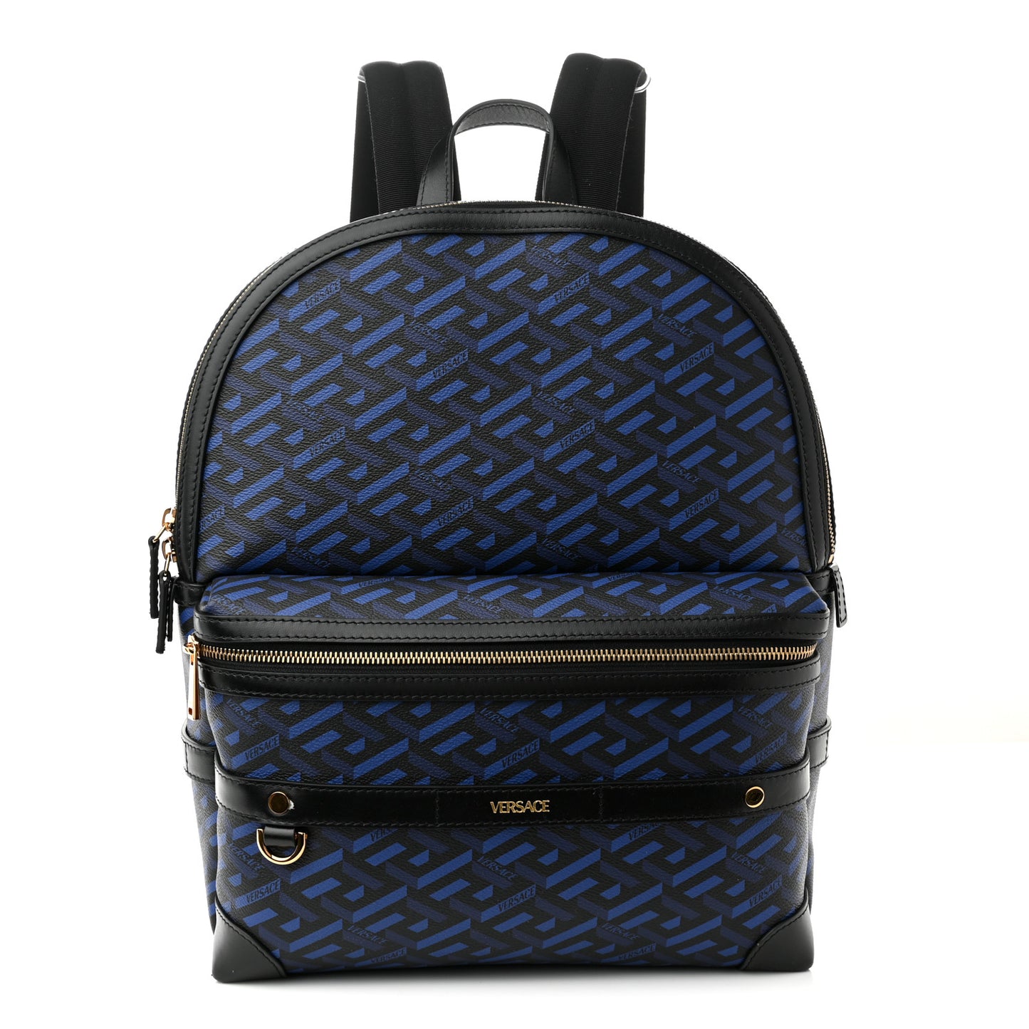 Coated Canvas Calfskin La Greca Signature Backpack Black Blue