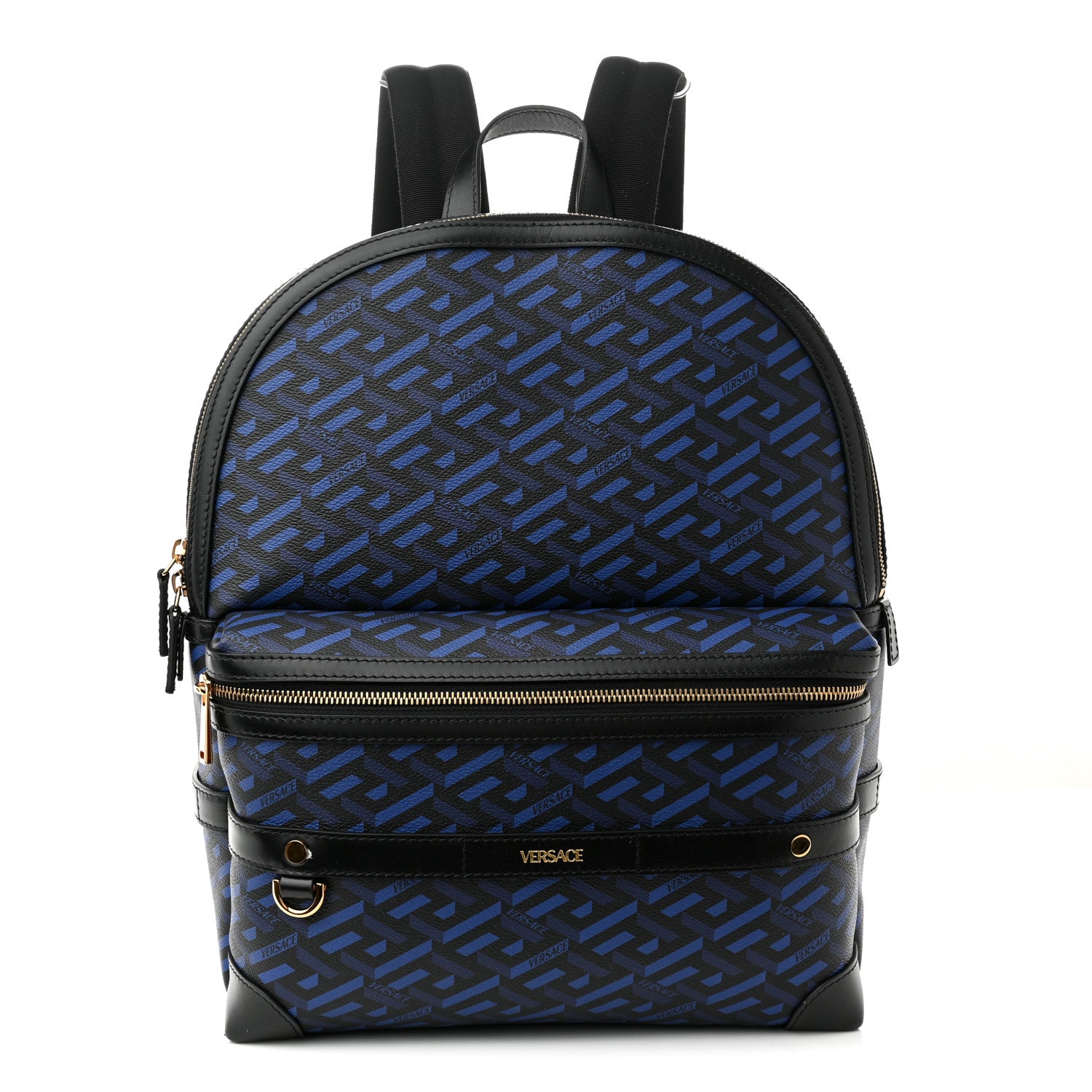 Versace Coated Canvas Calfskin La Greca Signature Backpack Black Blue 1 of 9