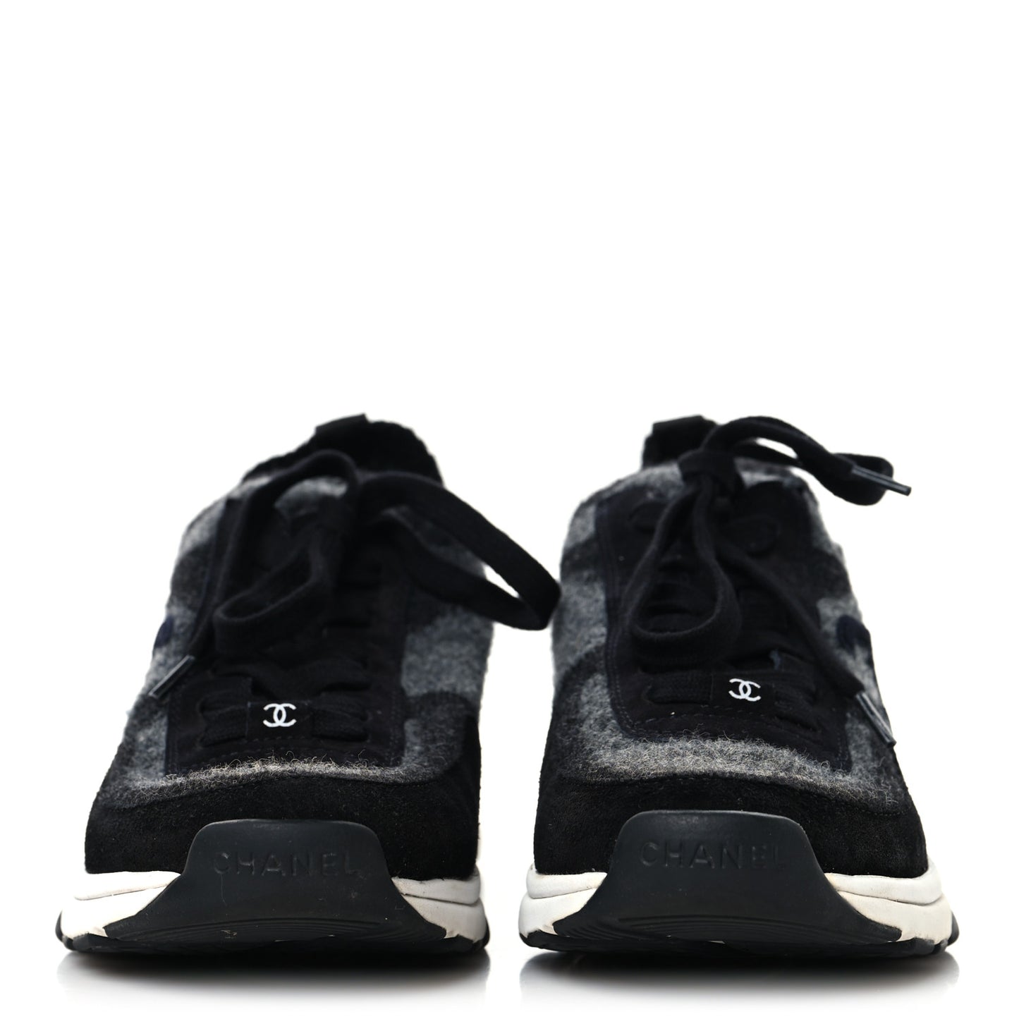 Knit Fabric Suede Calfskin Womens CC Sneakers 38.5 Black Grey