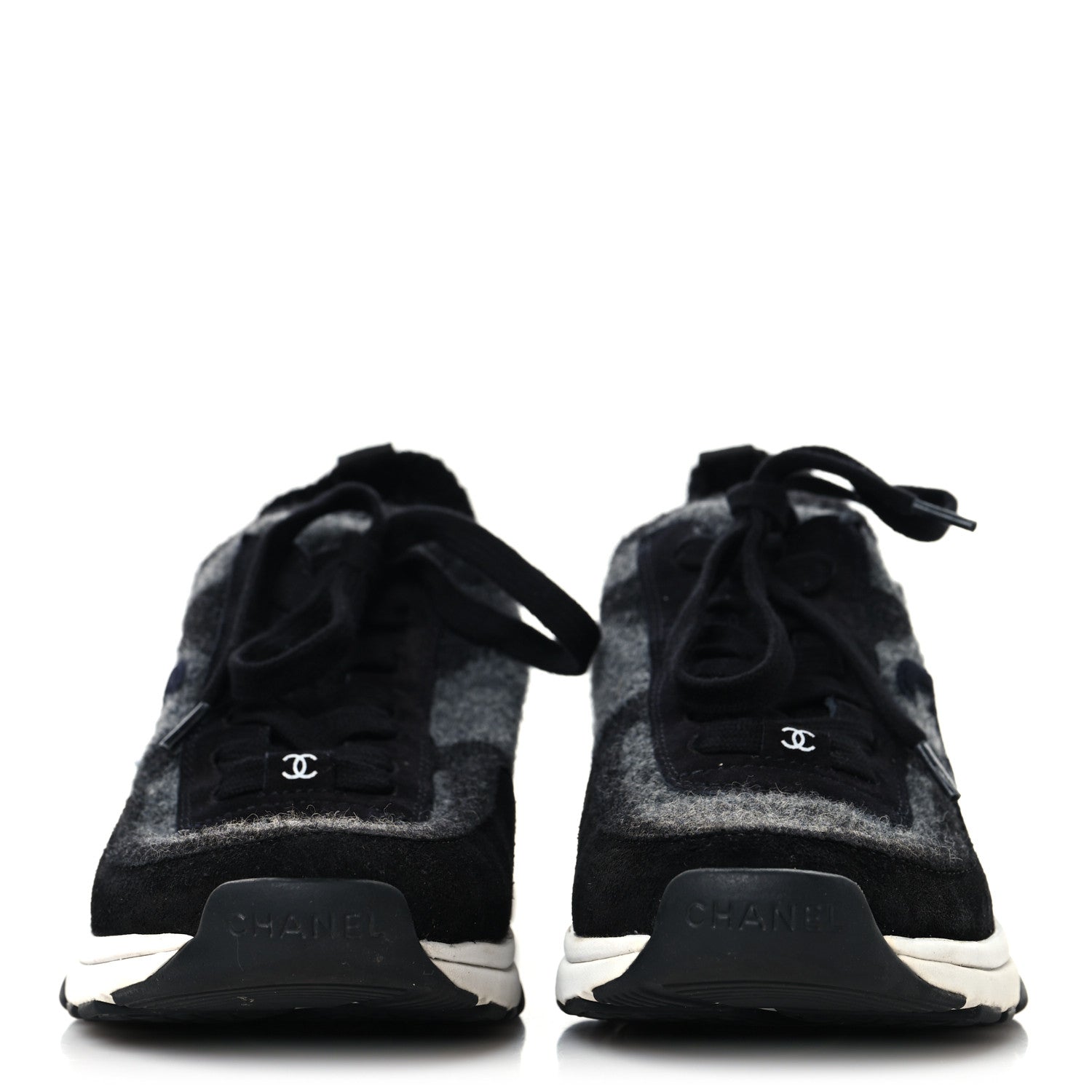 Chanel Knit Fabric Suede Calfskin Womens CC Sneakers 38.5 Black Grey 3 of 8