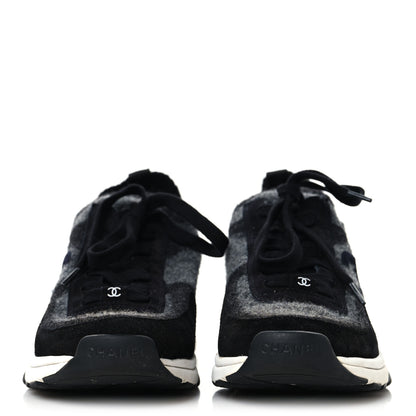 Chanel Knit Fabric Suede Calfskin Womens CC Sneakers 38.5 Black Grey 3 of 8