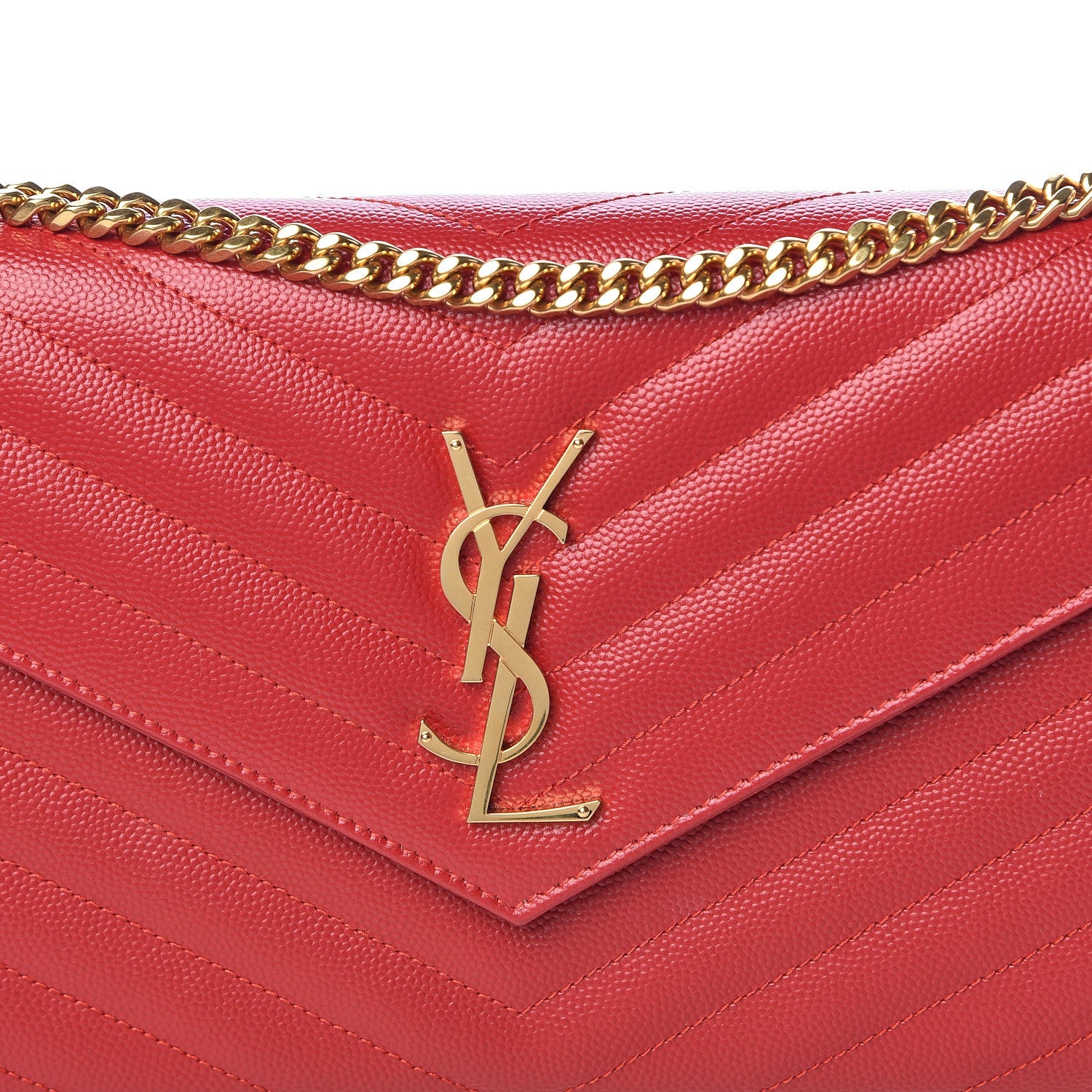 Saint Laurent Grain De Poudre Matelasse Chevron Monogram Chain Wallet Red 10 of 12