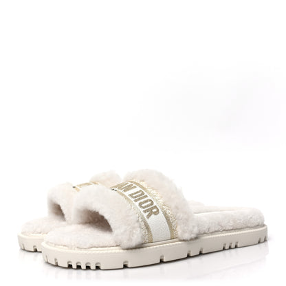 Christian Dior Shearling Canvas Lurex Embroidered Dway 10mm Slide Sandals 38.5 Natural Platinum 3 of 7
