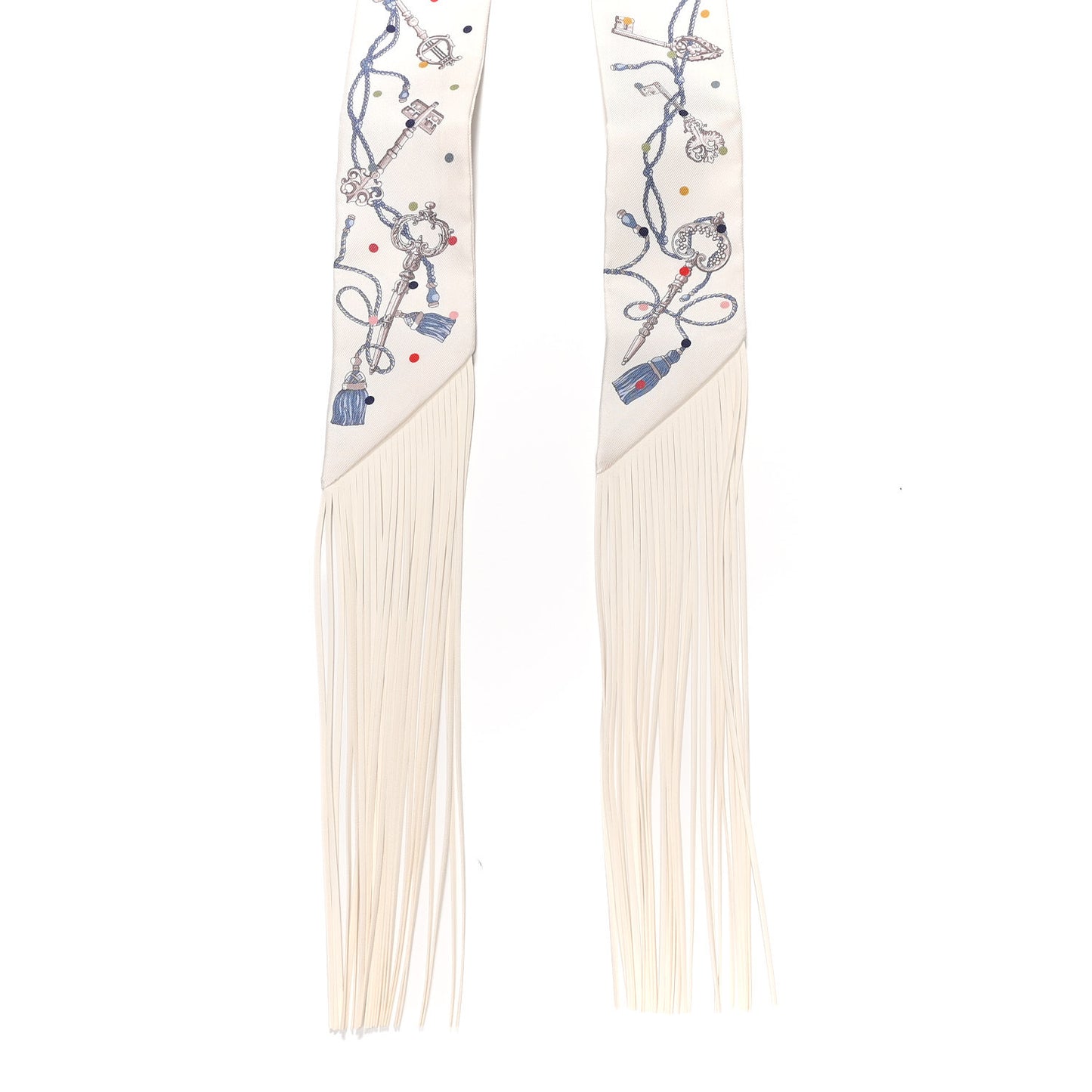 Silk Calfskin Les Cles A Pois Fringed Twilly Creme Gris Perle Multicolor