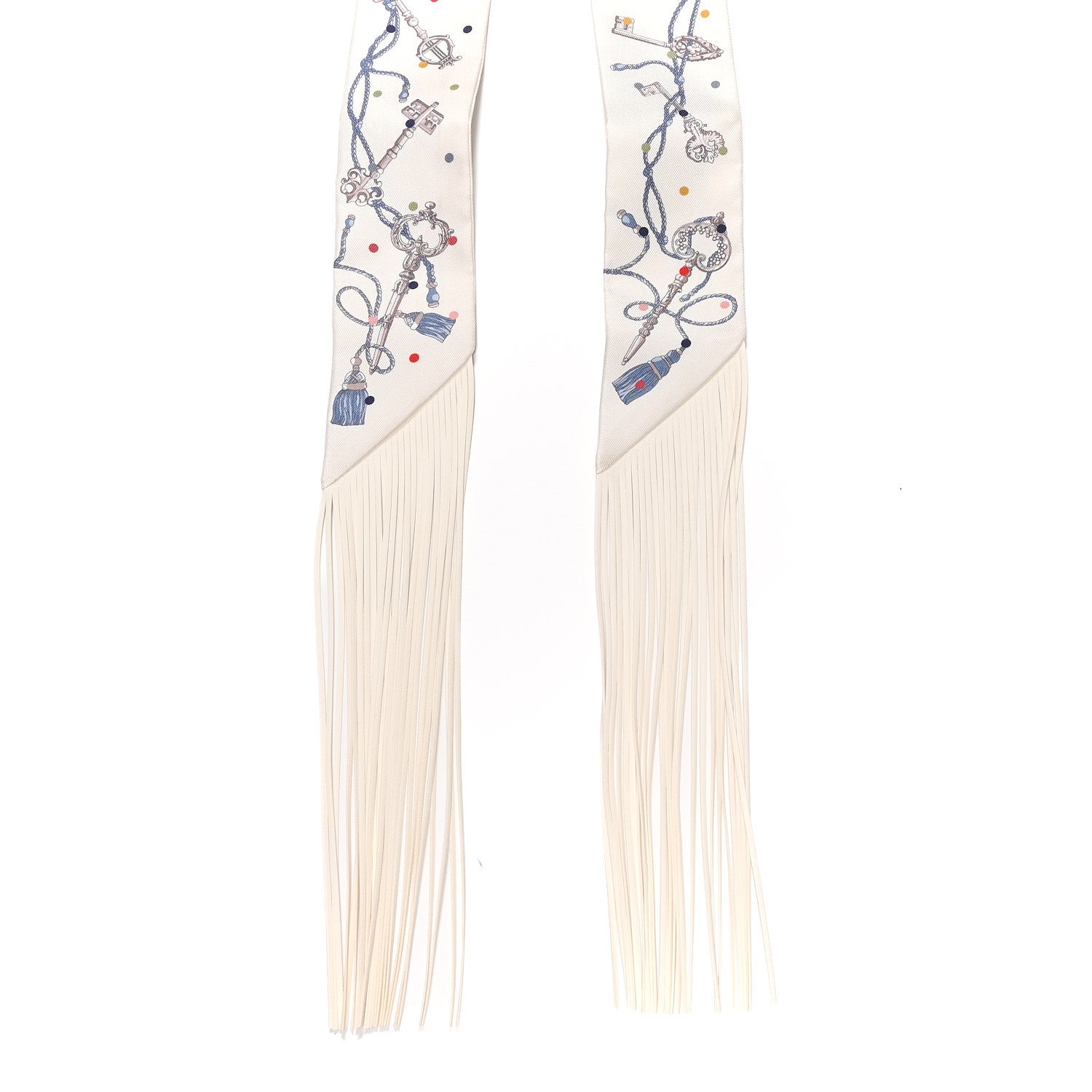 Hermes Silk Calfskin Les Cles A Pois Fringed Twilly Creme Gris Perle Multicolor 2 of 4