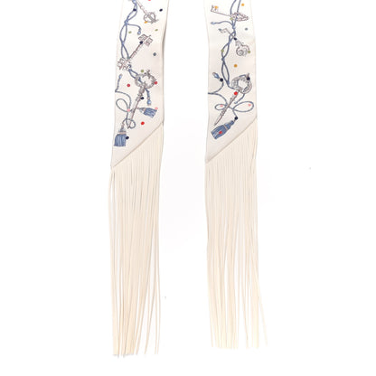 Hermes Silk Calfskin Les Cles A Pois Fringed Twilly Creme Gris Perle Multicolor 2 of 4