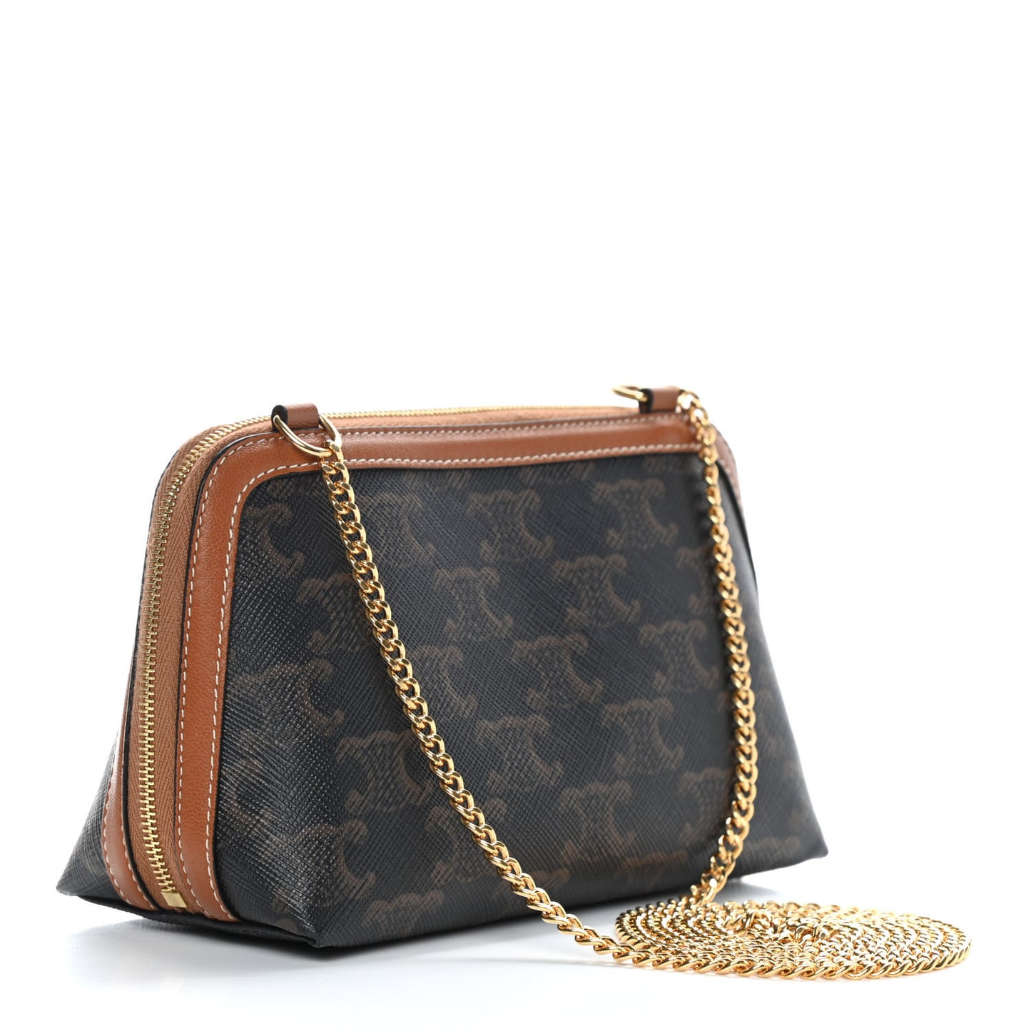 Triomphe Canvas Calfskin Mini Clutch on Chain Tan