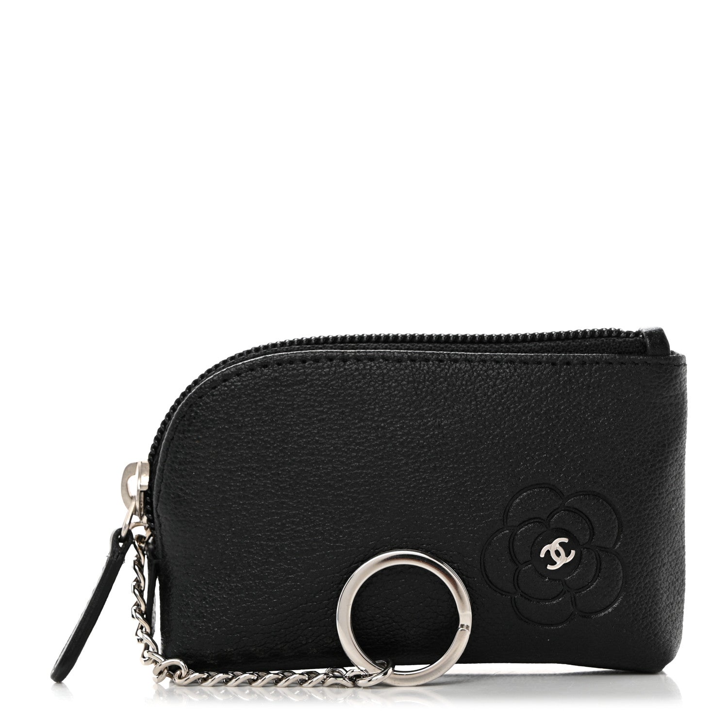 Chanel Calfskin Quilted CC Camellia Zip Around Coin Purse Black 1 of 8