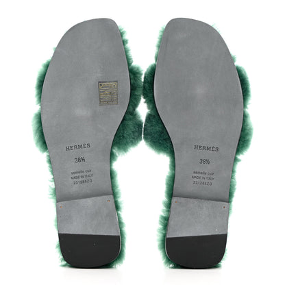 Hermes Woolskin Oran Sandals 38.5 Vert Anglais 5 of 8