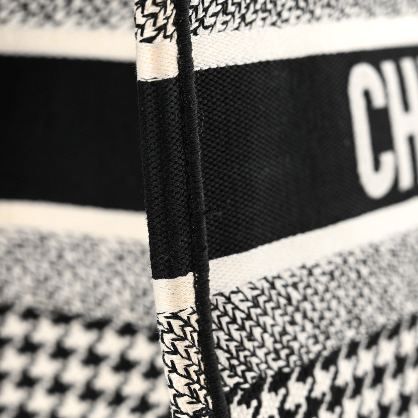 Canvas Houndstooth Embroidered Medium Book Tote Black White