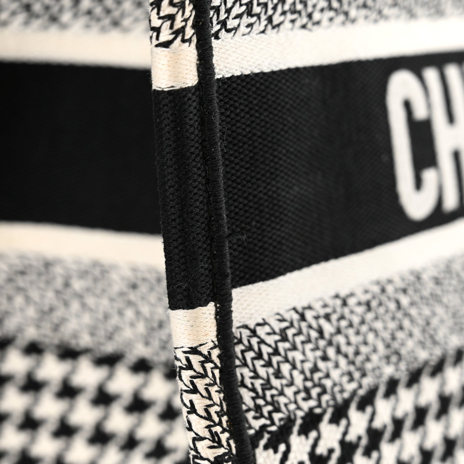 Christian Dior Canvas Houndstooth Embroidered Medium Book Tote Black White 15 of 17