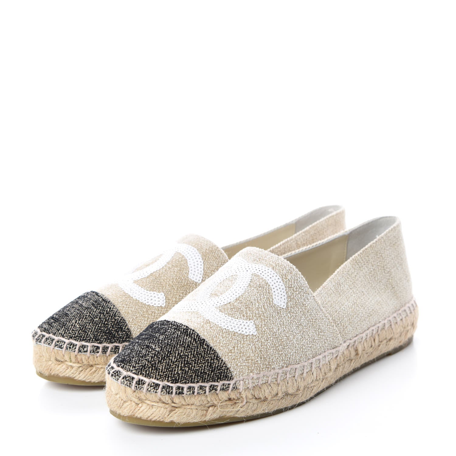 Chanel Linen Sequin CC Espadrilles 37 Beige Black 3 of 12