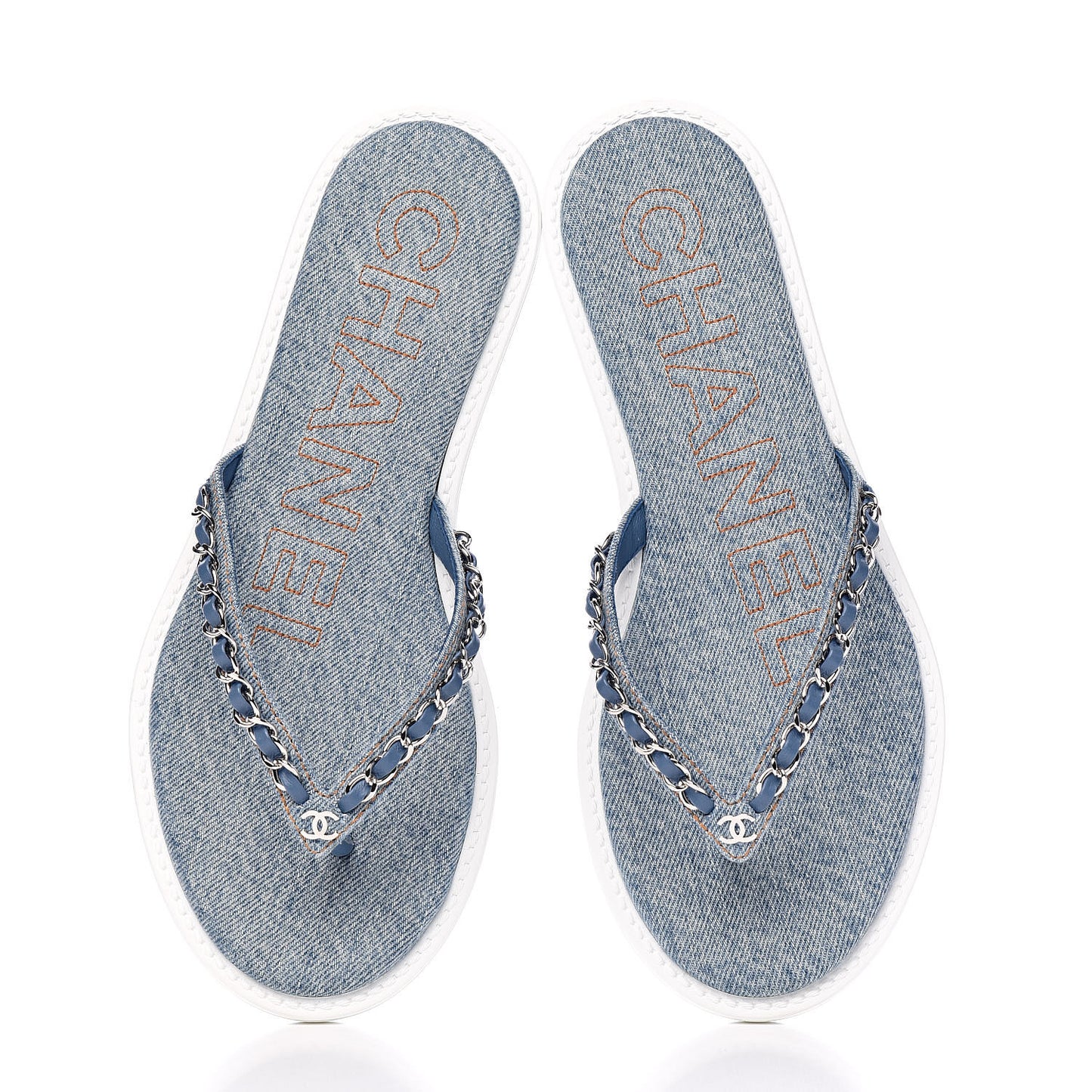 Denim CC Chain Thong Sandals 37 Blue