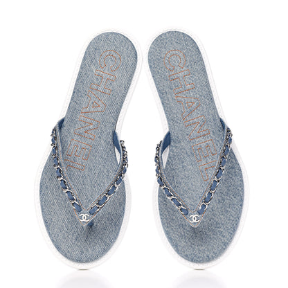 Chanel Denim CC Chain Thong Sandals 37 Blue 9 of 10