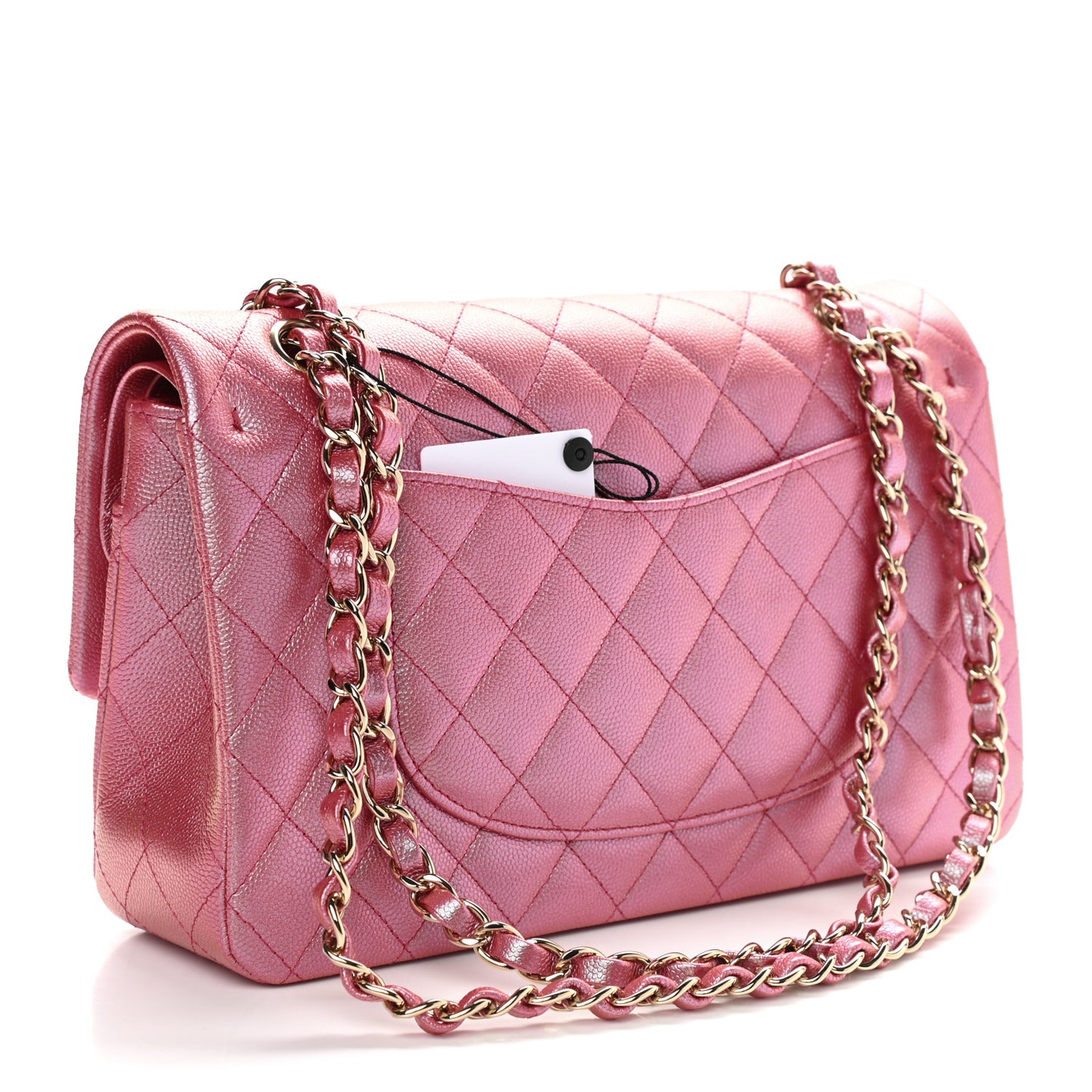 Iridescent Caviar Quilted Medium Double Flap Pink