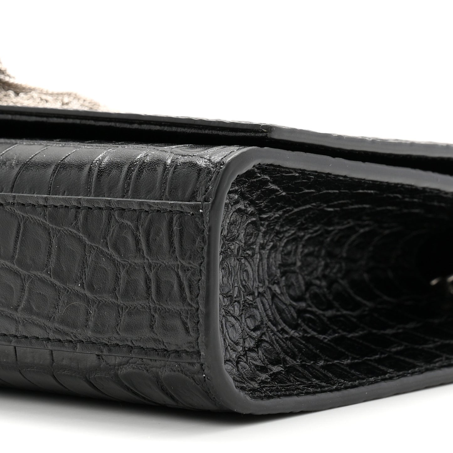 Calfskin Crocodile Embossed Medium Classic Monogram Kate Tassel Satchel Black