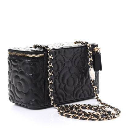 Chanel Lambskin Camellia Embossed Small Vanity Case With Chain Black 2 of 5