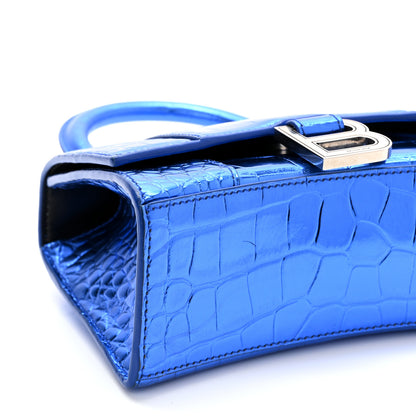 Balenciaga Metallic Shiny Calfskin Crocodile Embossed Hourglass Top Handle Bag XS Royal Blue 9 of 12