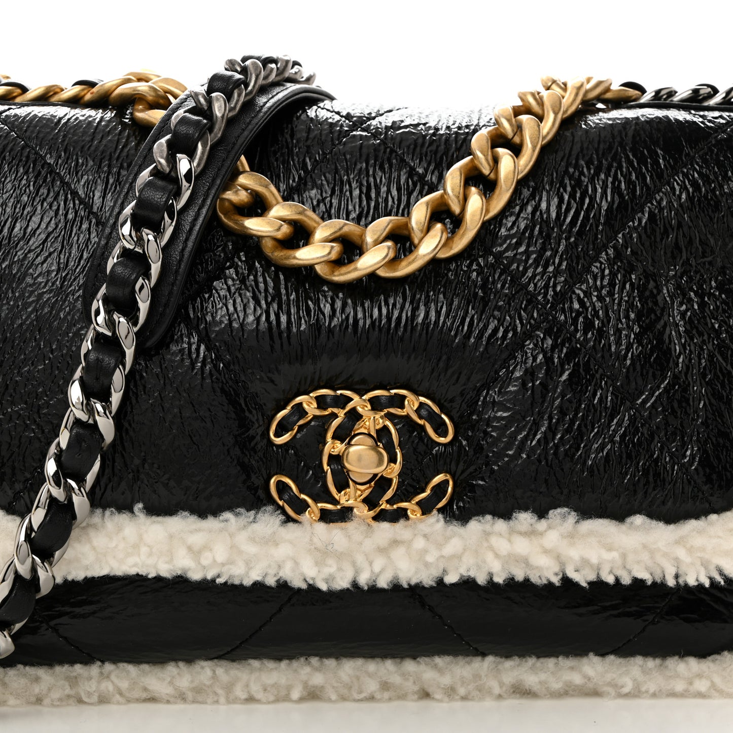 Crumpled Calfskin Shearling Sheepskin Quilted Medium Chanel 19 Flap Black