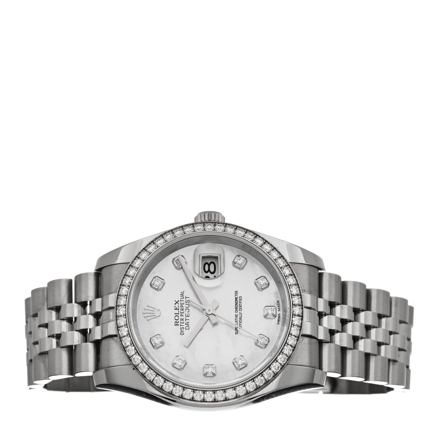 Stainless Steel Diamond Bezel Mother of Pearl 36mm Oyster Perpetual Datejust Watch 116244
