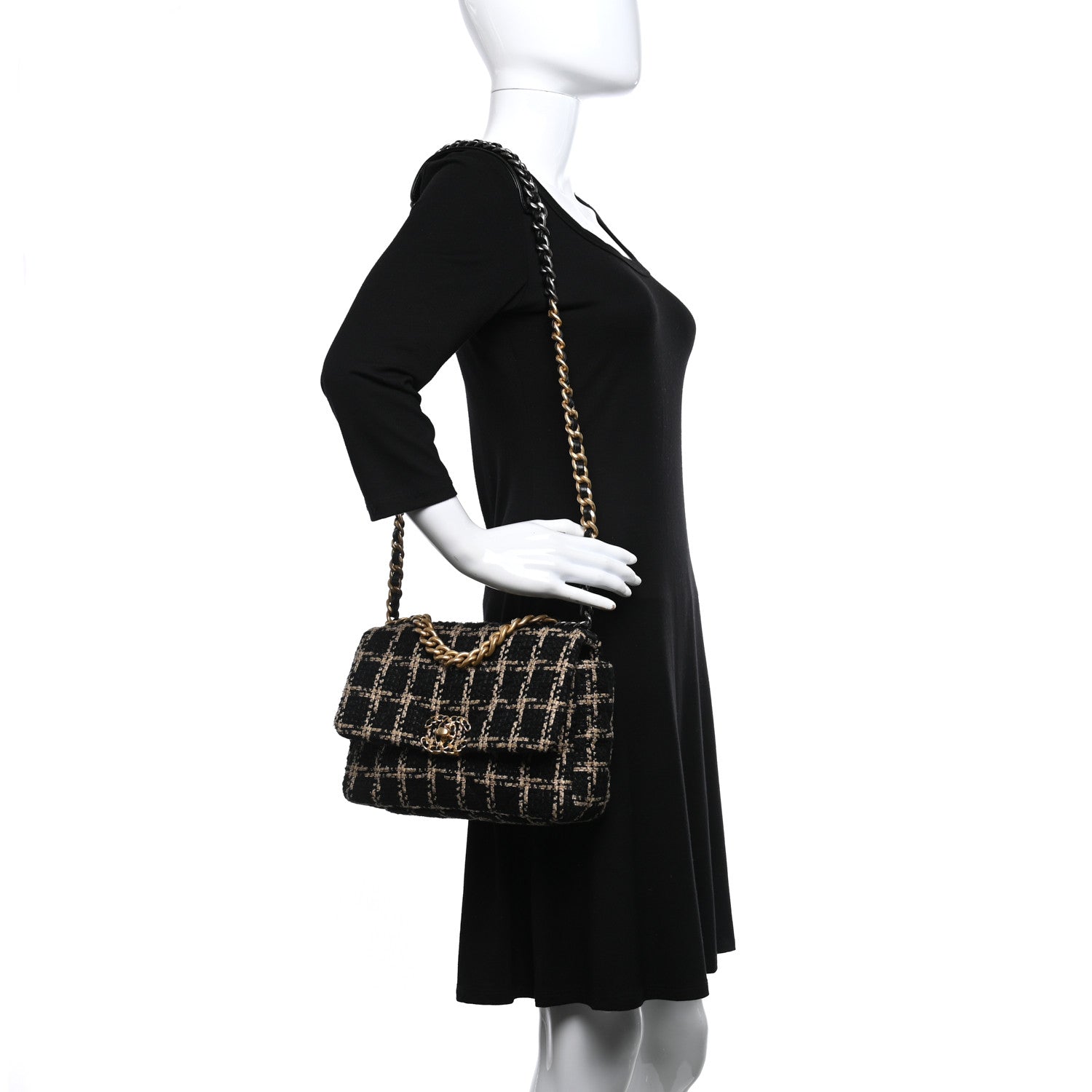 Chanel Tweed Quilted Medium Chanel 19 Flap Black Beige 2 of 9