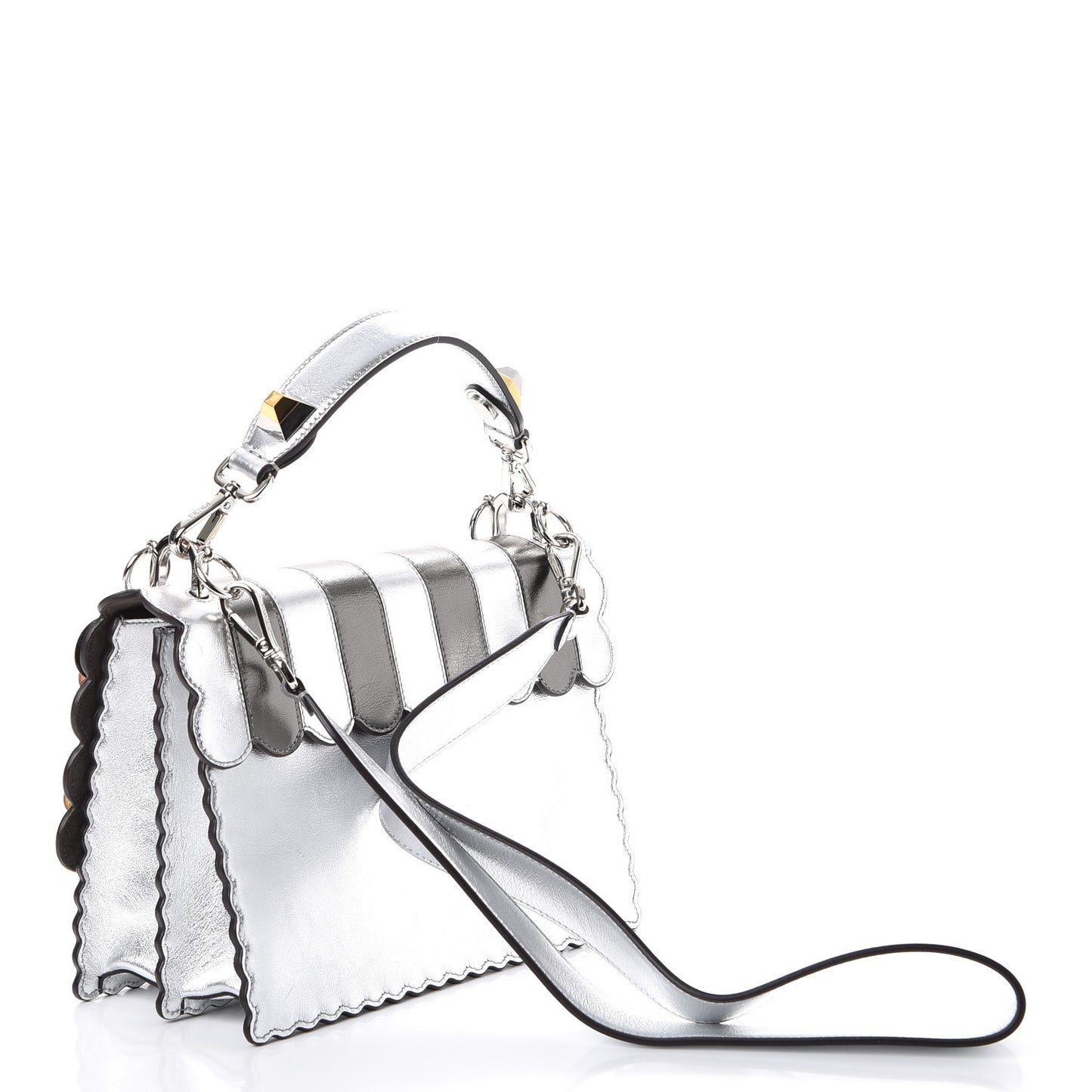 Metallic Calfskin Flowerland Scalloped Studded Pequin Kan I Shoulder Bag Argento