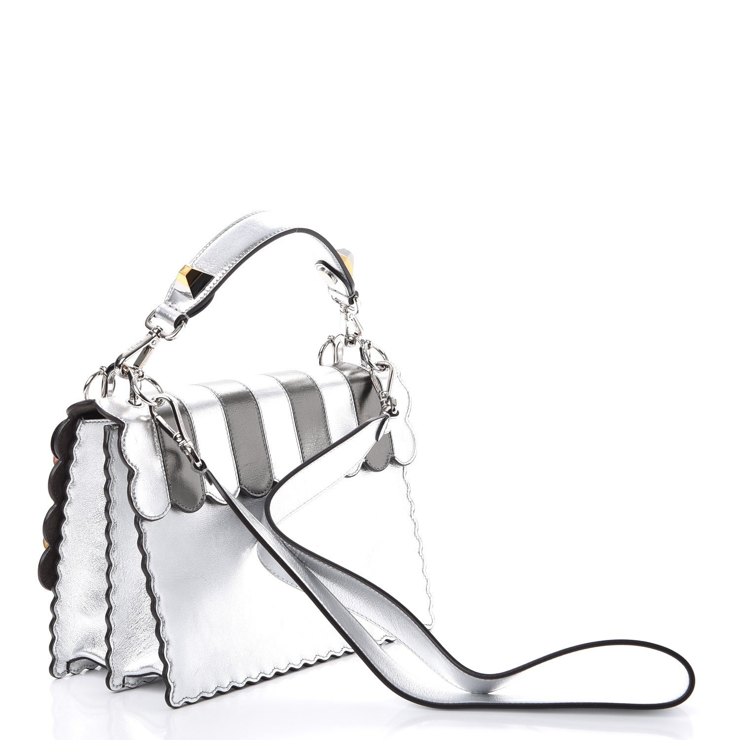 Fendi Metallic Calfskin Flowerland Scalloped Studded Pequin Kan I Shoulder Bag Argento 3 of 10