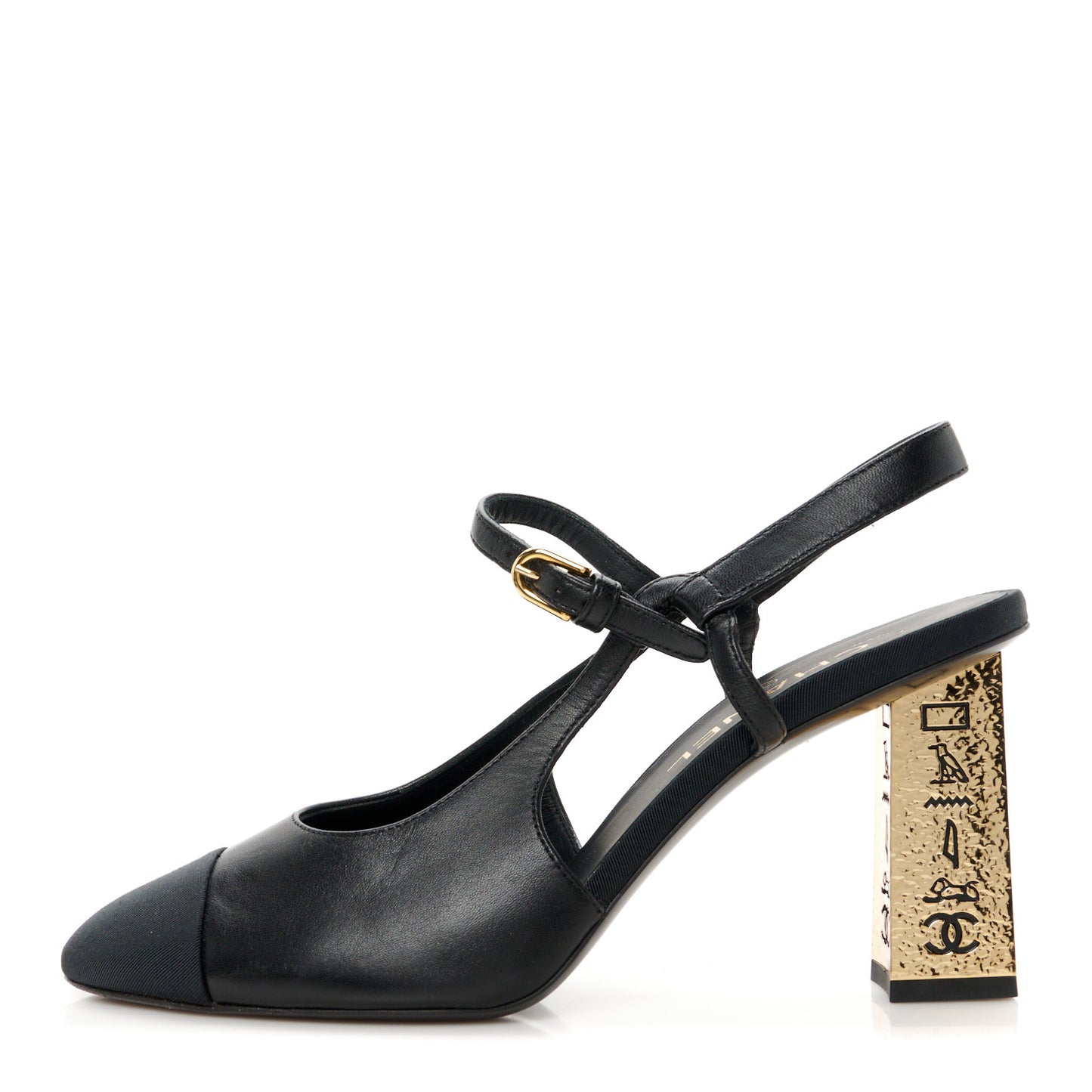 Lambskin Egyptian Hieroglyph Ankle Strap Pumps 39 Black